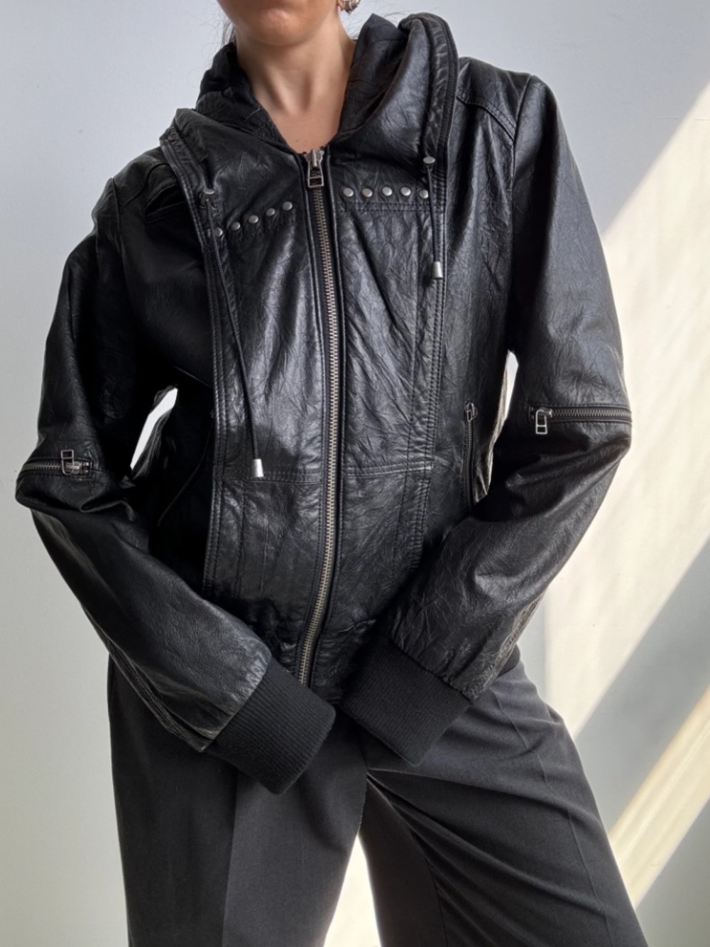 Danier Black Hooded Leather Jacket with Stud Accents